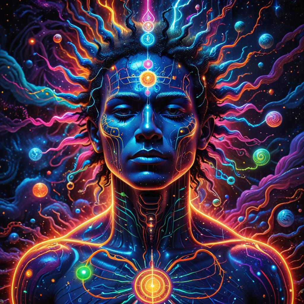 Psychedelic Humunculus with Chakras in Digital Art Style