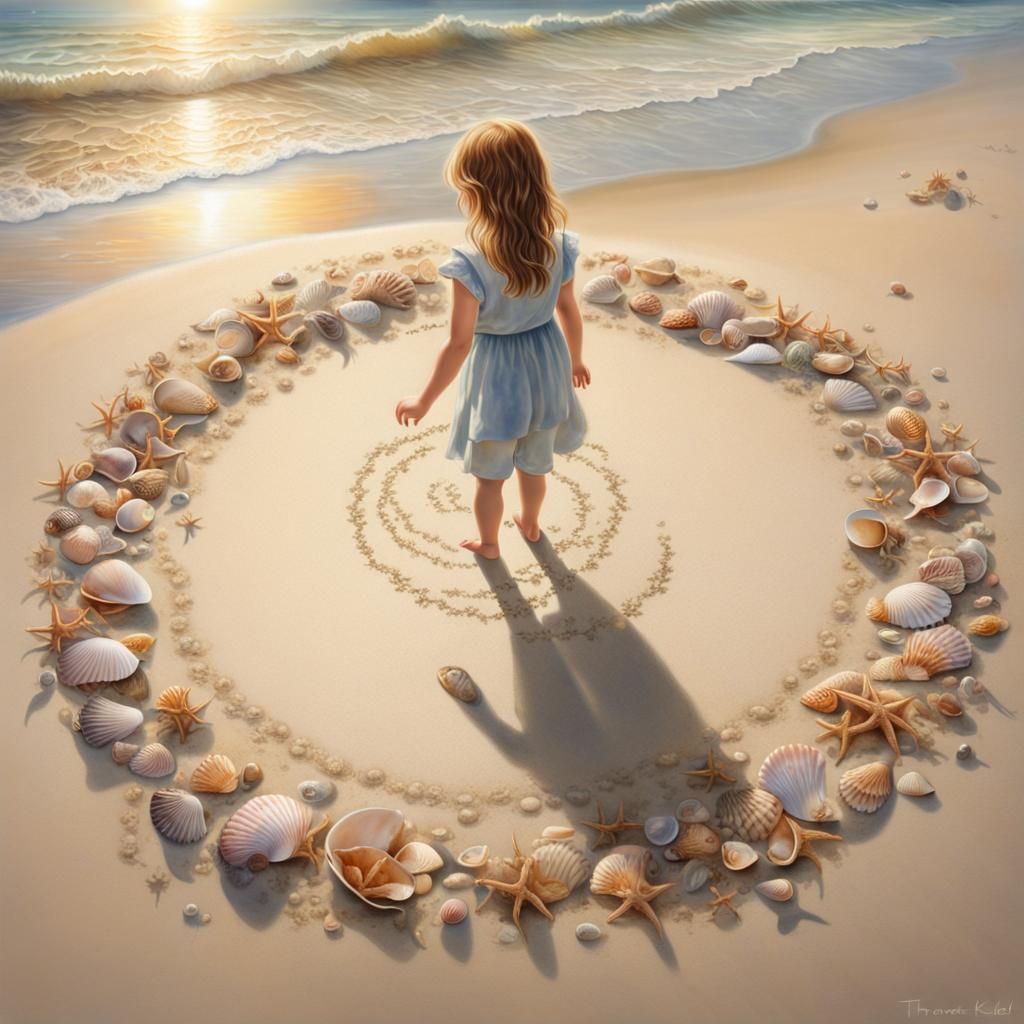 Child's Ethereal Beach Circle in Hyperrealistic Style