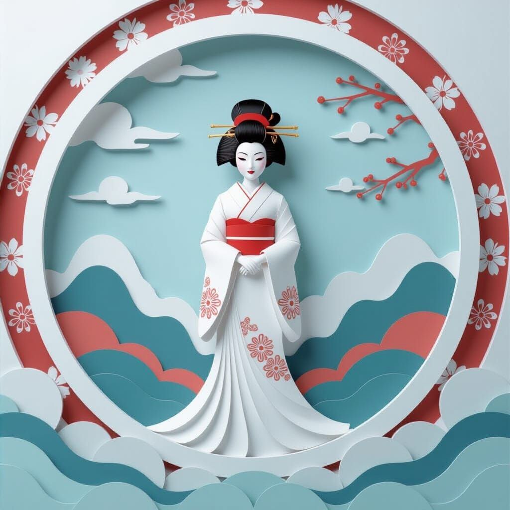 Intricate 3D Paper Art Geisha in Kirigami Style
