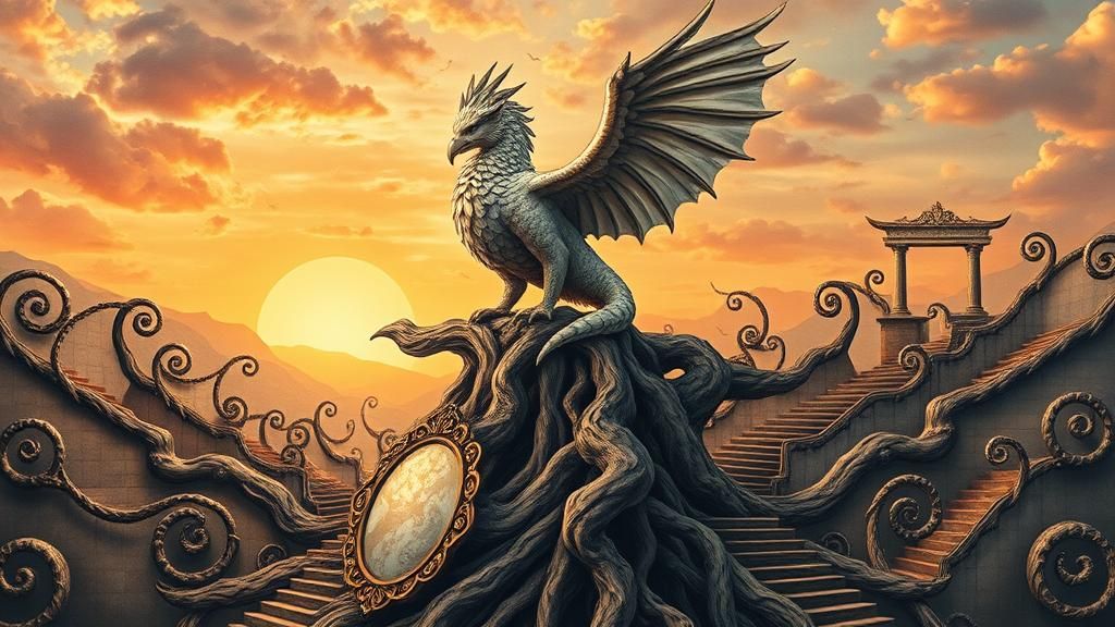 Griffin Perched on Ancient Tree Root in Gouache Style