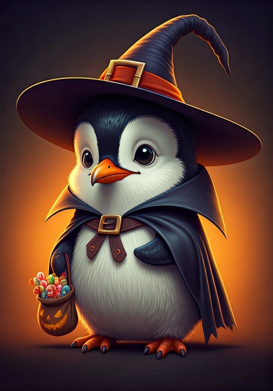 Halloween Penguin Witch Caricature with Candy Bag