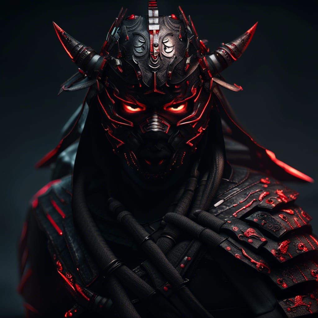 Futuristic Oni Mask Ninja in Dark Fantasy Style