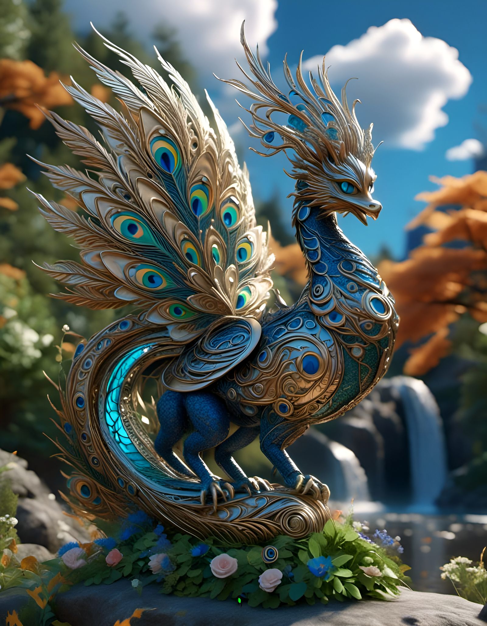 Detailed 3D Peacock-Dragon Hybrid with Waterfall