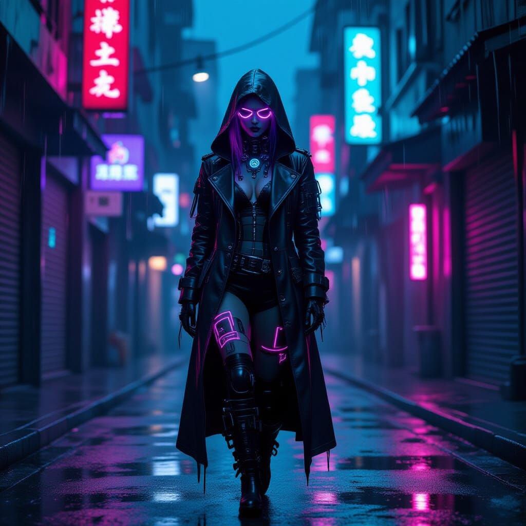 Cyberpunk Witch in Neon Alleyway, Graphic Novel Style