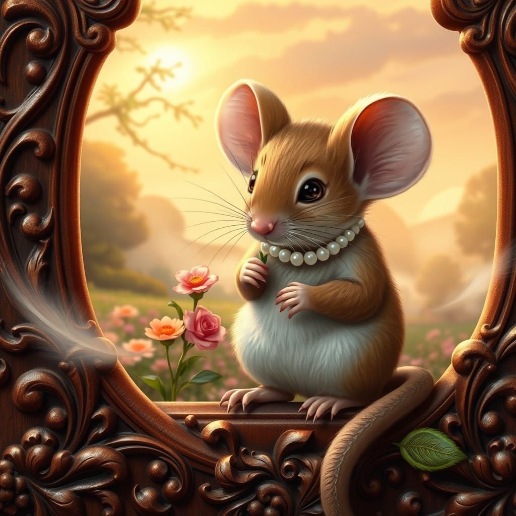 Elegant Hazelnut Mouse on Ornate Wooden Frame in Whimsical G...