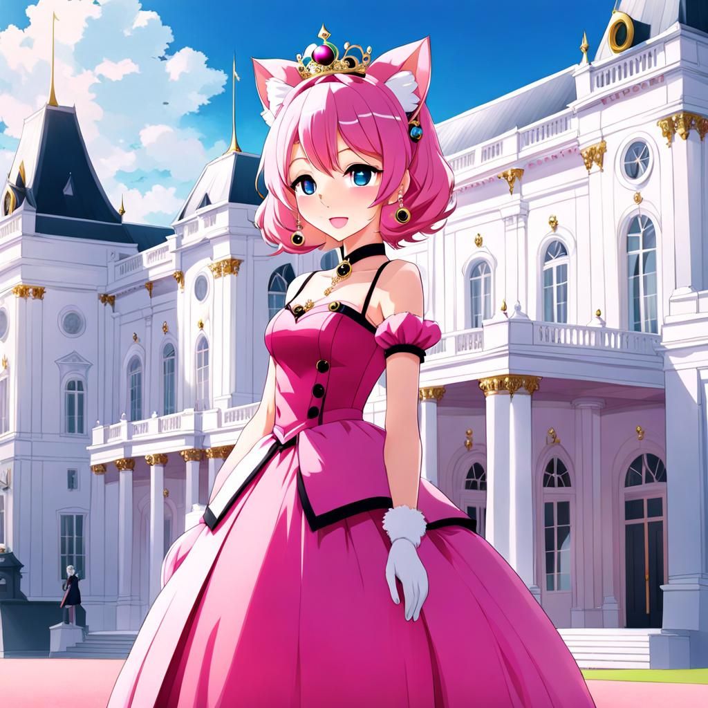 Pink-Haired Girl in Ball Gown, Anime Art Style