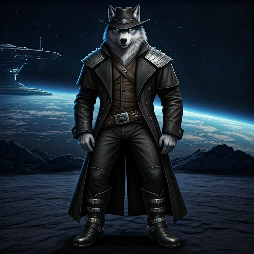 Cyberpunk Alien Wolf in Black Duster Coat and Wings