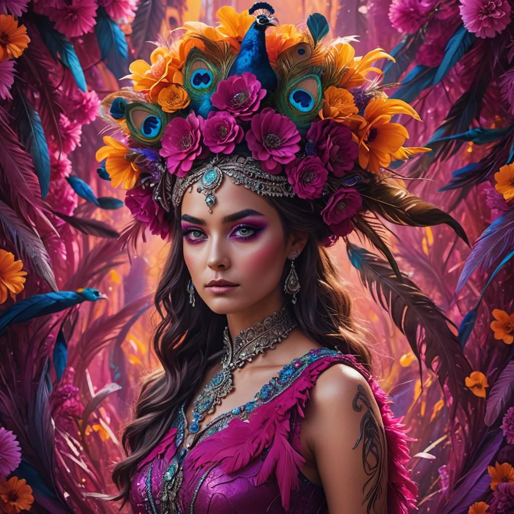 Peacock Haired Woman in Digital Matte Painting