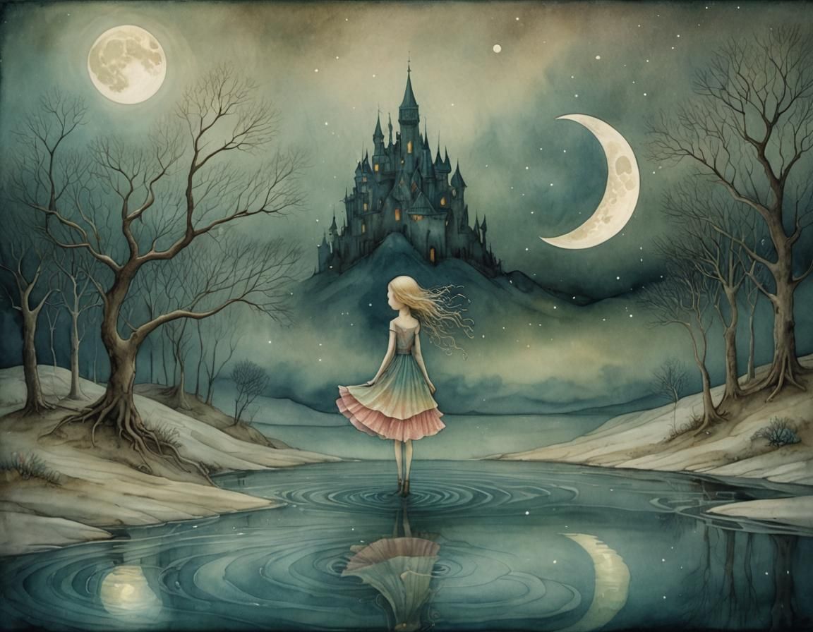 Iridescent Moonscape Reflected in Fantasy Watercolor