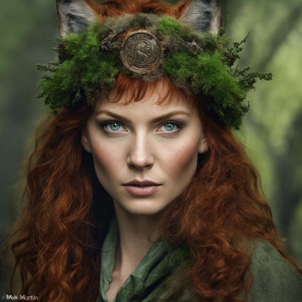 Celtic Beauty: Woman with Wolf Features in Misty Forest