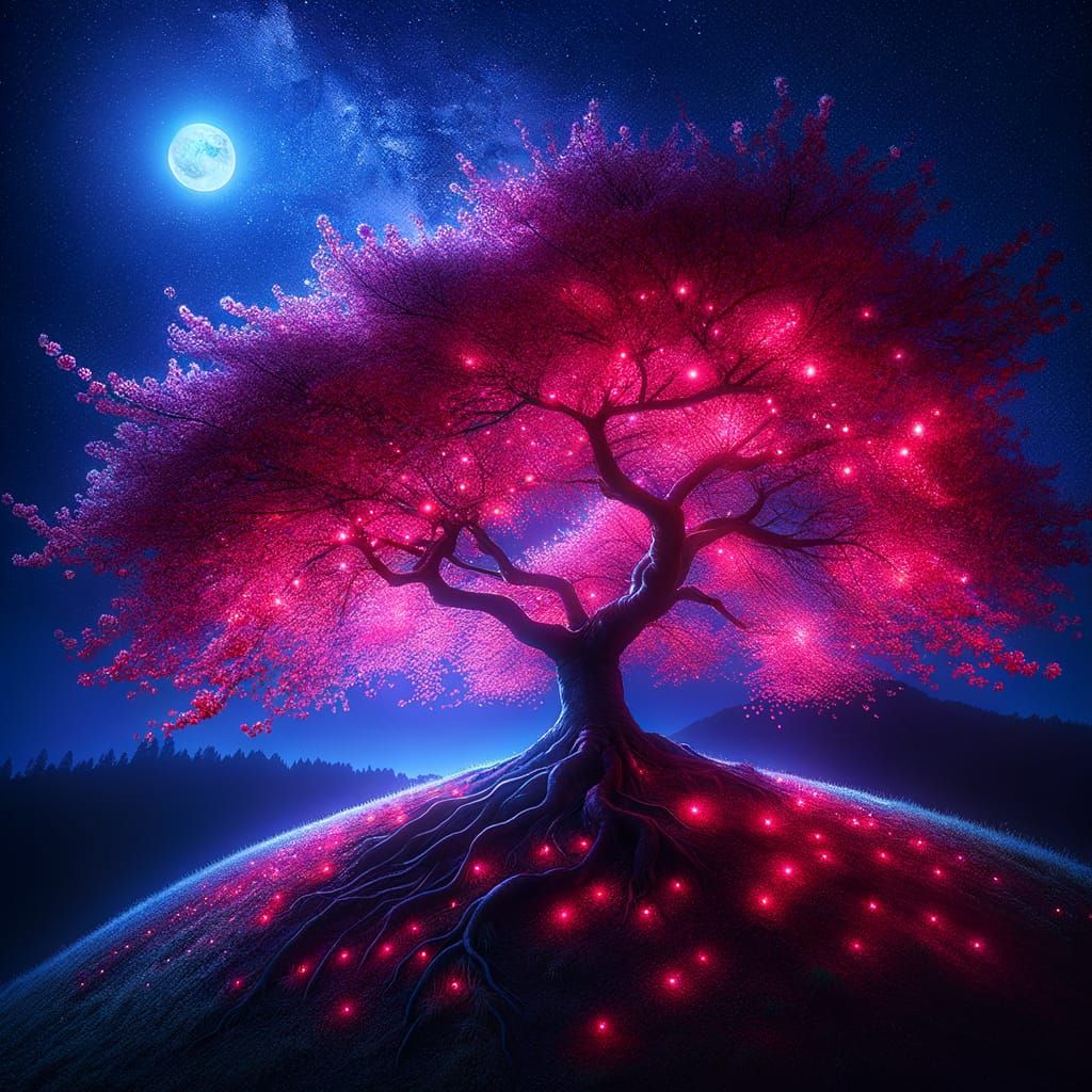 Sakura Tree Under Indigo Night Sky with Glowing Blossoms