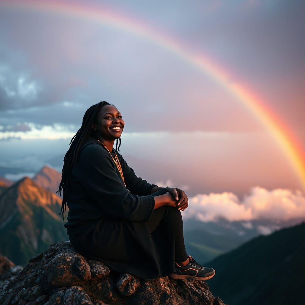 Sensual Woman Enjoys Vibrant Rainbow in Majestic Mountain La...