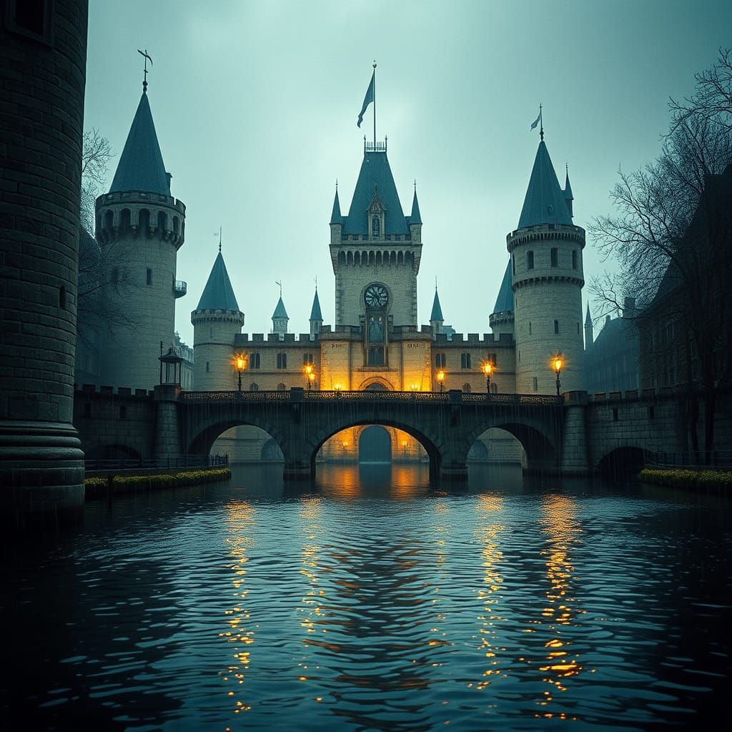 French Castle in Rainy Twilight with Amber Glow
