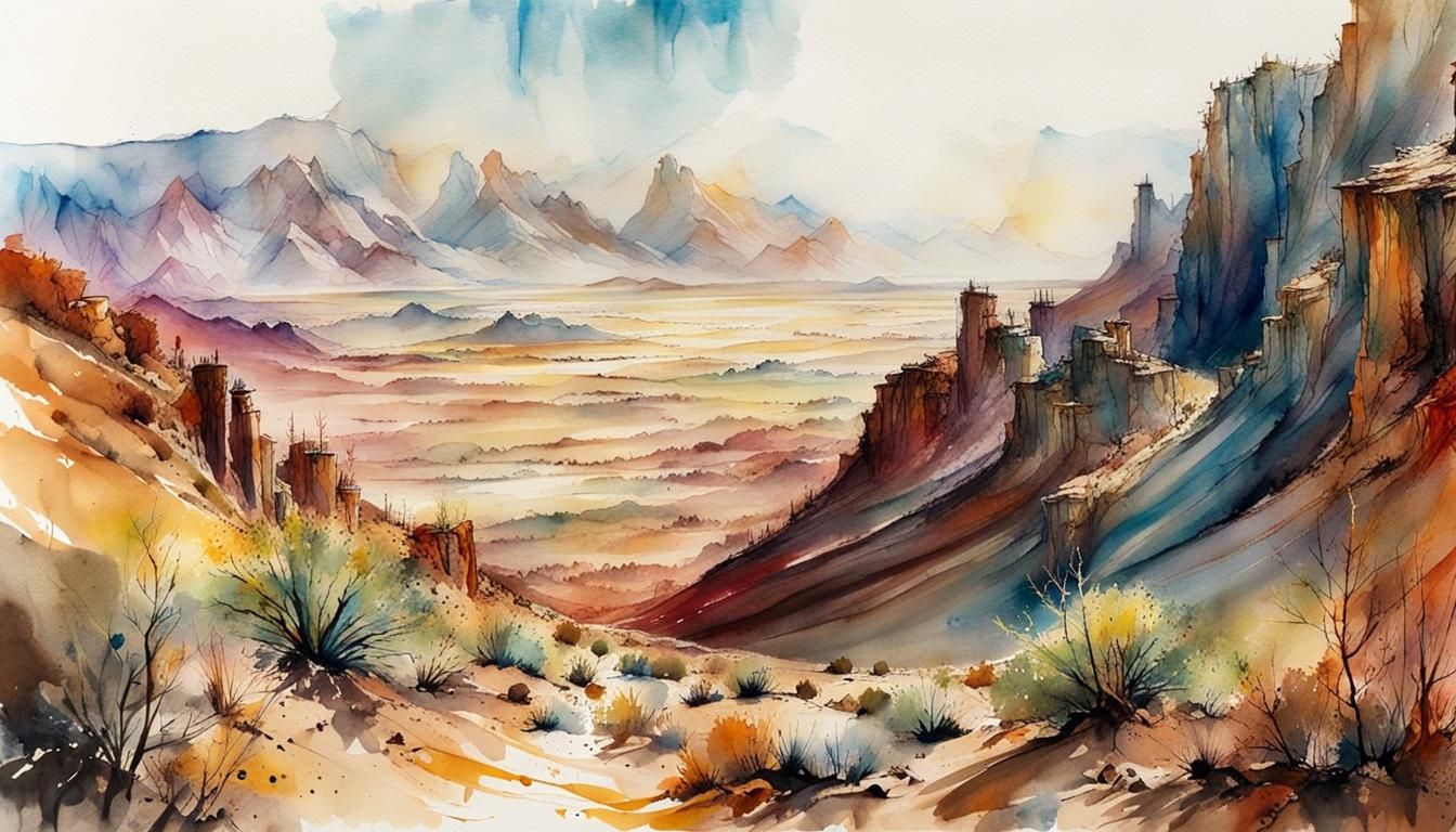 Watercolor Desert Canyon Landscape Painting