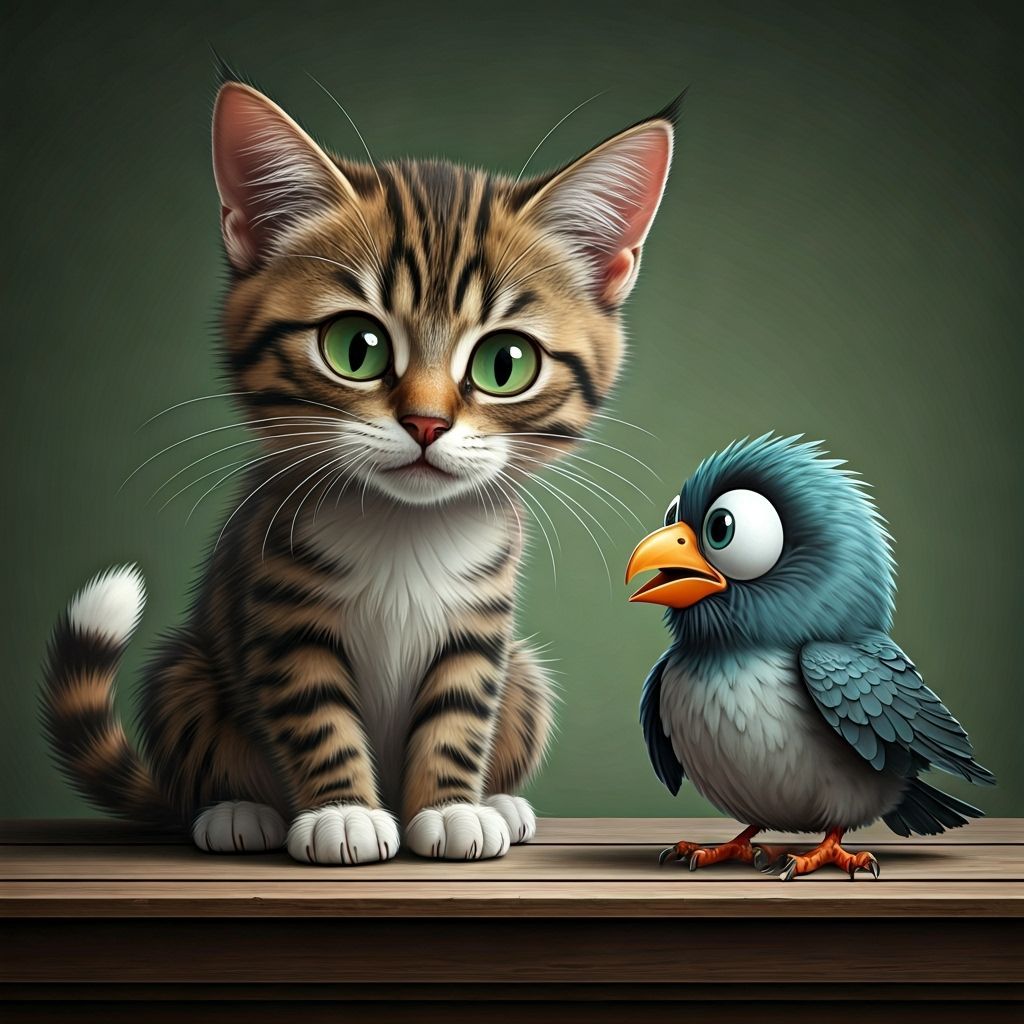 Cartoon Cat Teasing Bird Caricature