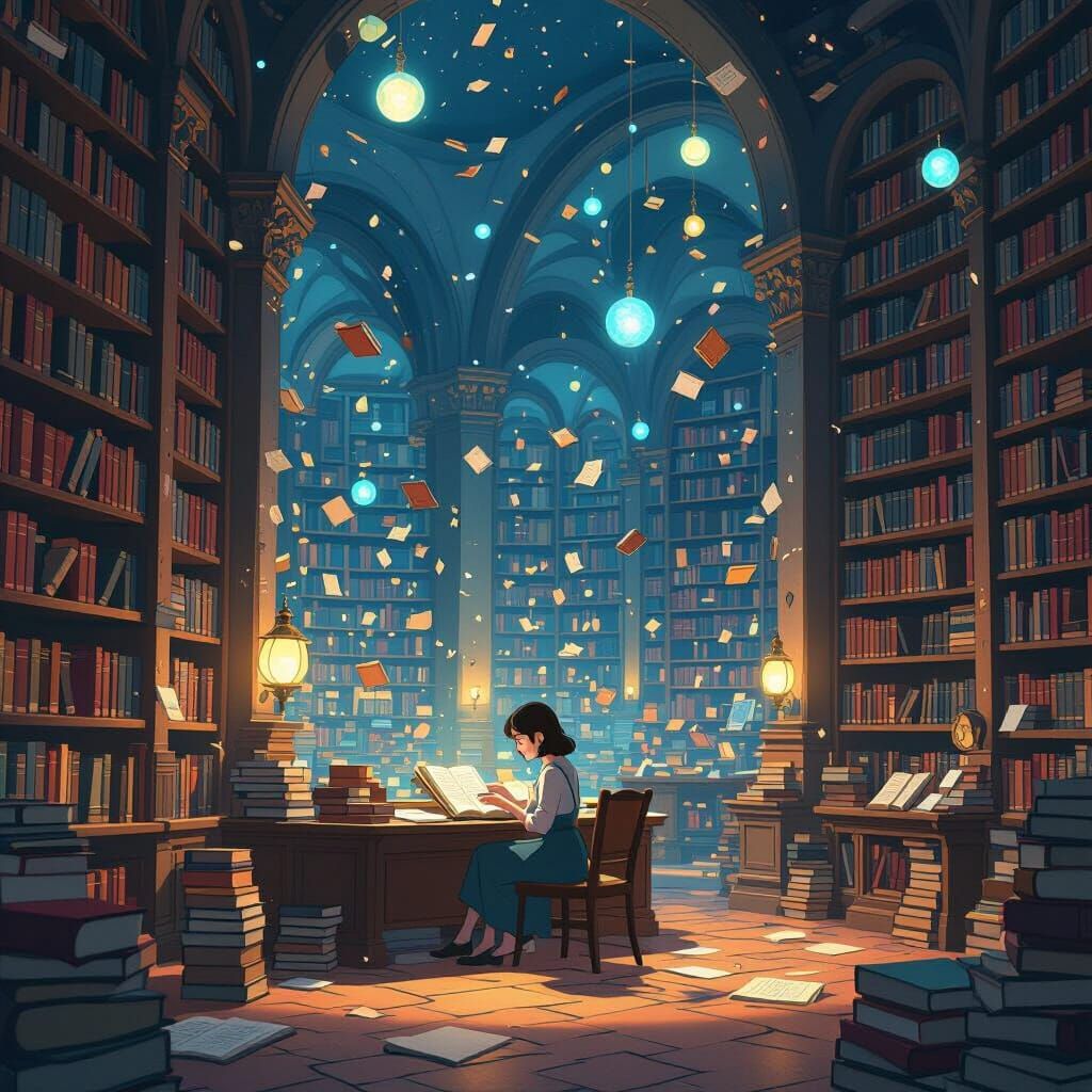 Magical Library Animation in Studio Ghibli Style