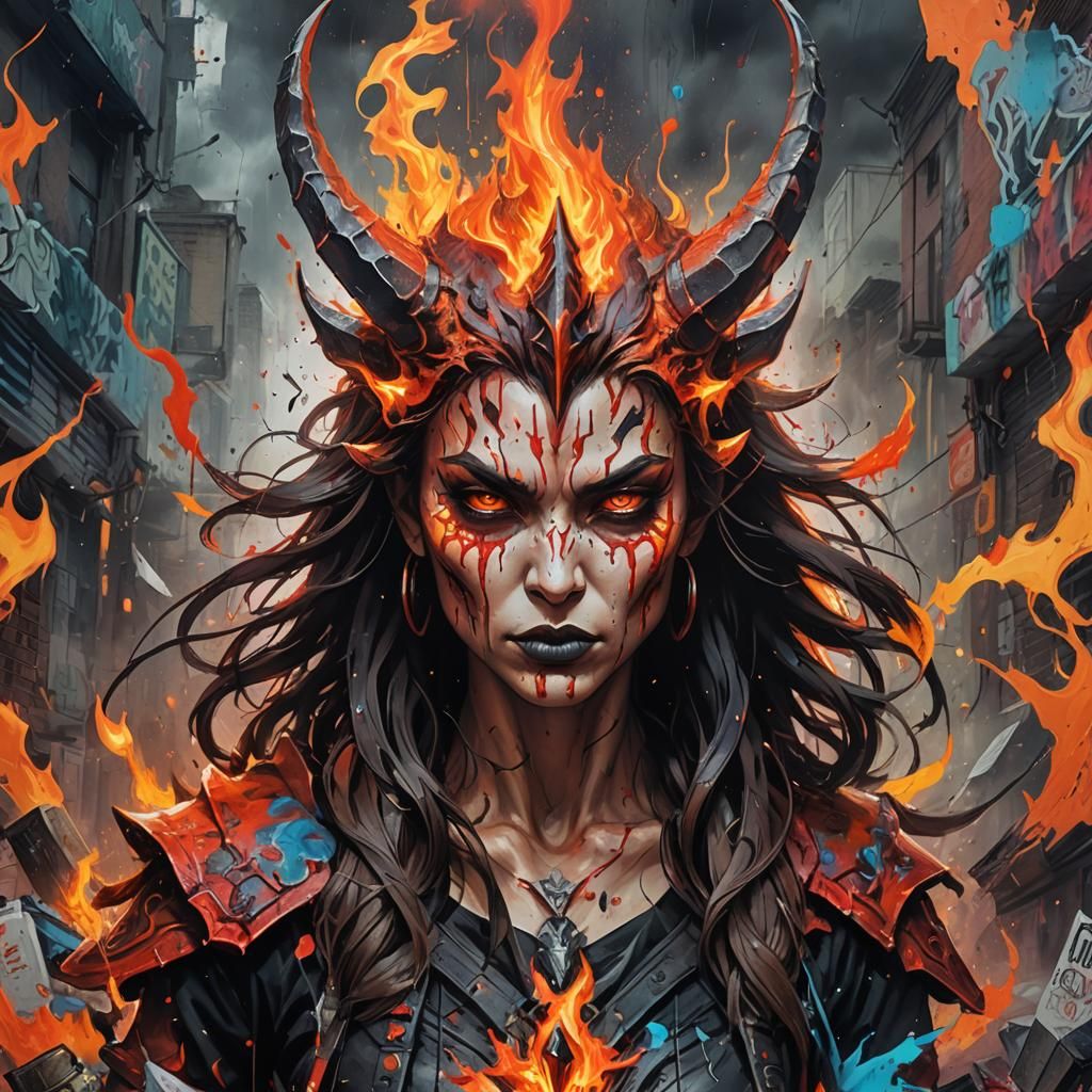 Chaotic Devil Woman with Sword in Graffiti Art Style