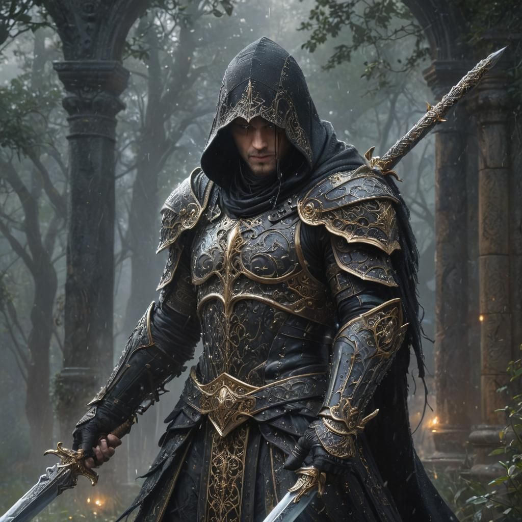A mysterious, hooded figure. The figure is clad in intricate...