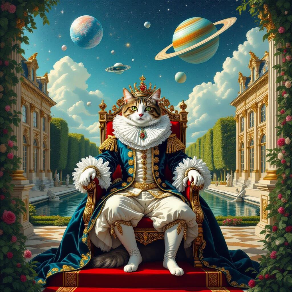Regal Cat as French King in Versailles, Rococo Surrealism
