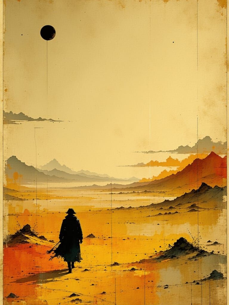 Sahara Desert Explorer at Dawn: Grunge Sketch