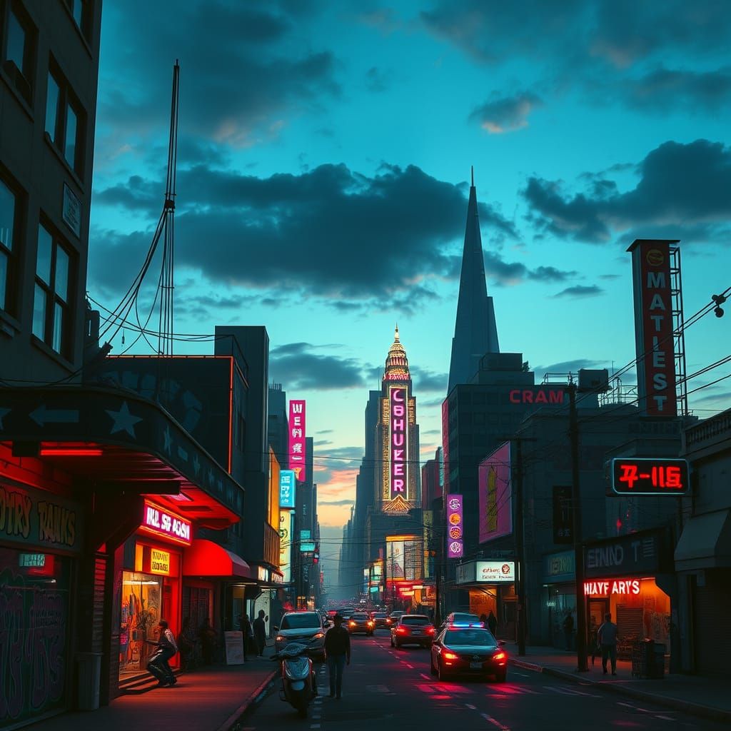 Neon Cityscape at Dusk in Cyberpunk Style