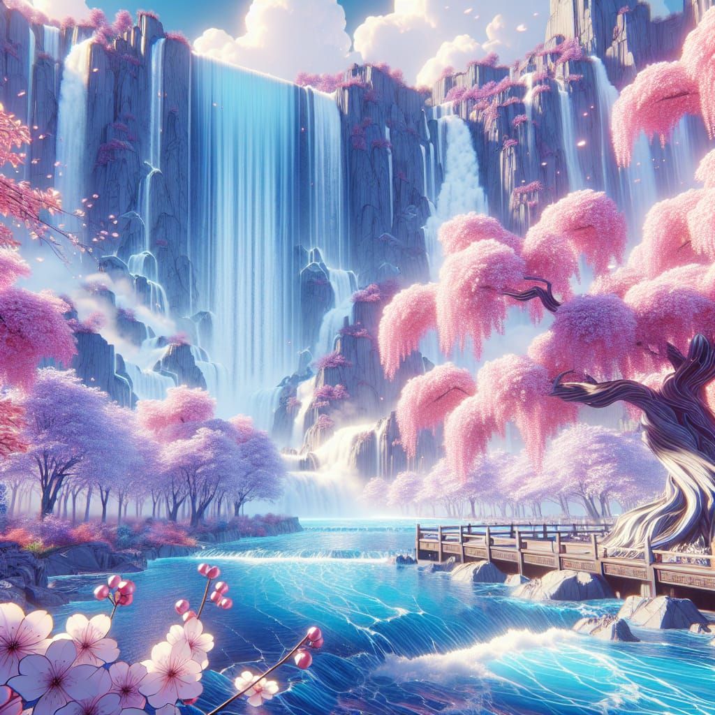 Cherry Blossom Waterfall into a crystal blue river