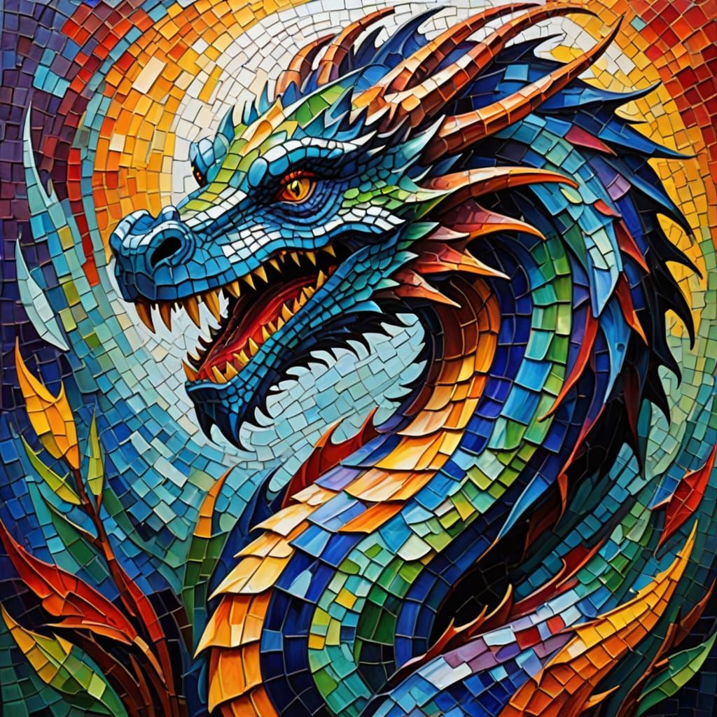 Neo-Impressionist Dragon Mosaics in Vibrant Oil Painting
