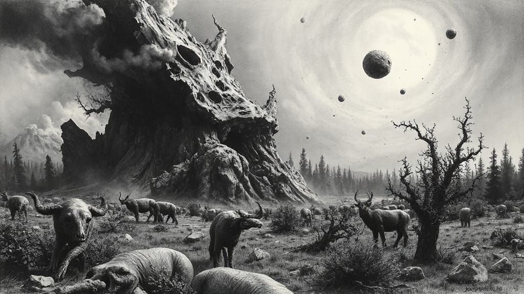 Lovecraftian Meteorite Impact Site, Hyperdetailed Charcoal D...