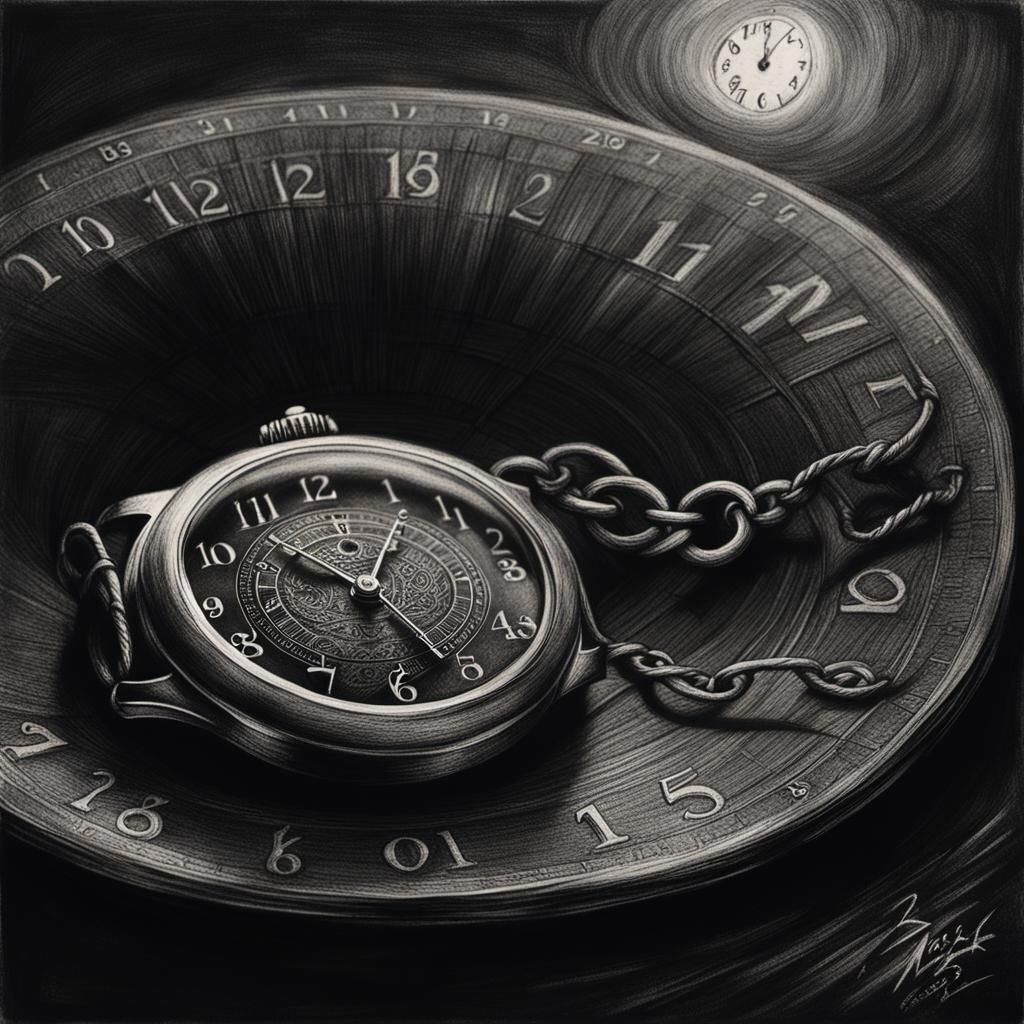 Charcoal Drawing of Compact Disc and Watch in Dark Surrealis...