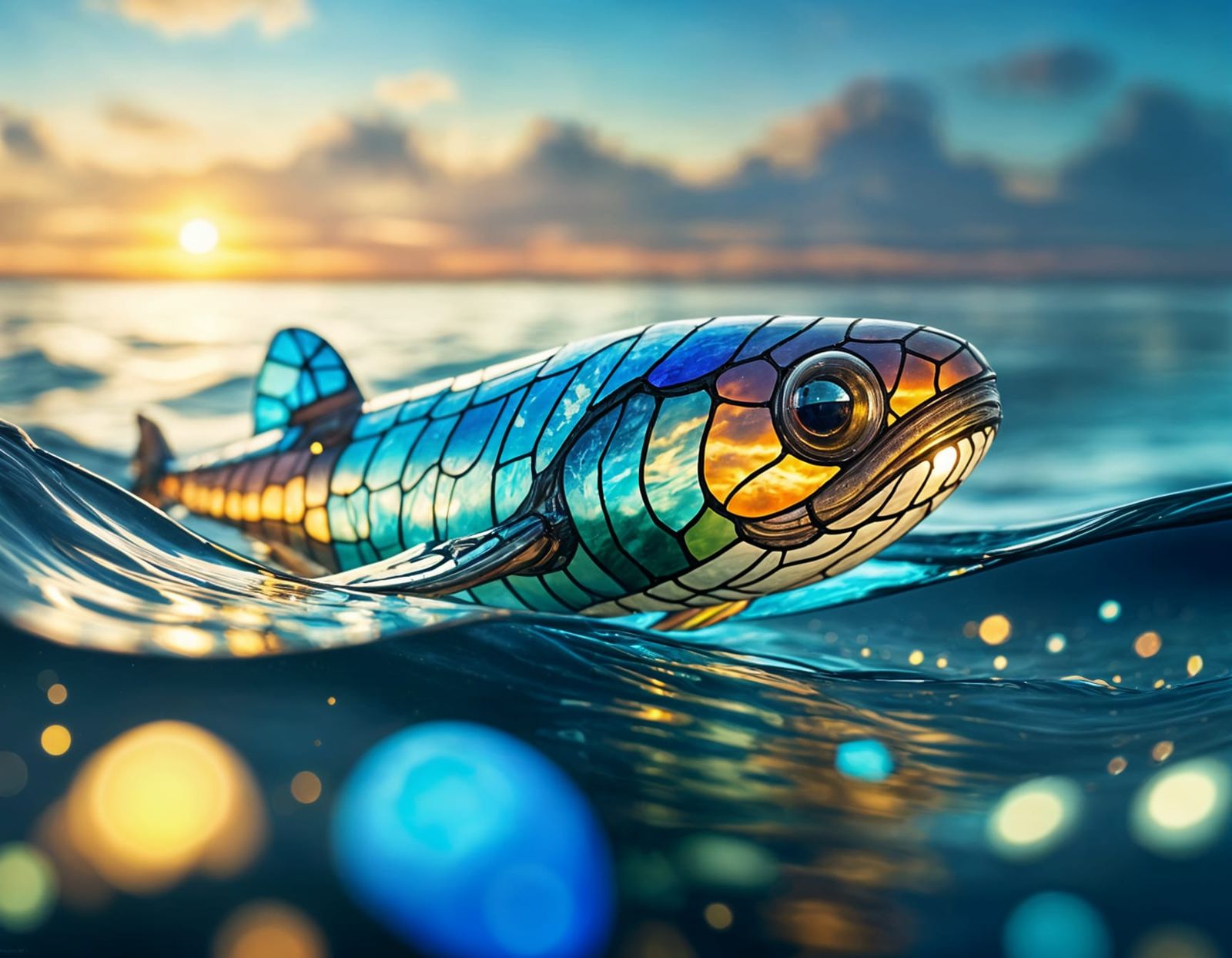 Stained Glass Leviathan Swimming in Twilight Ocean