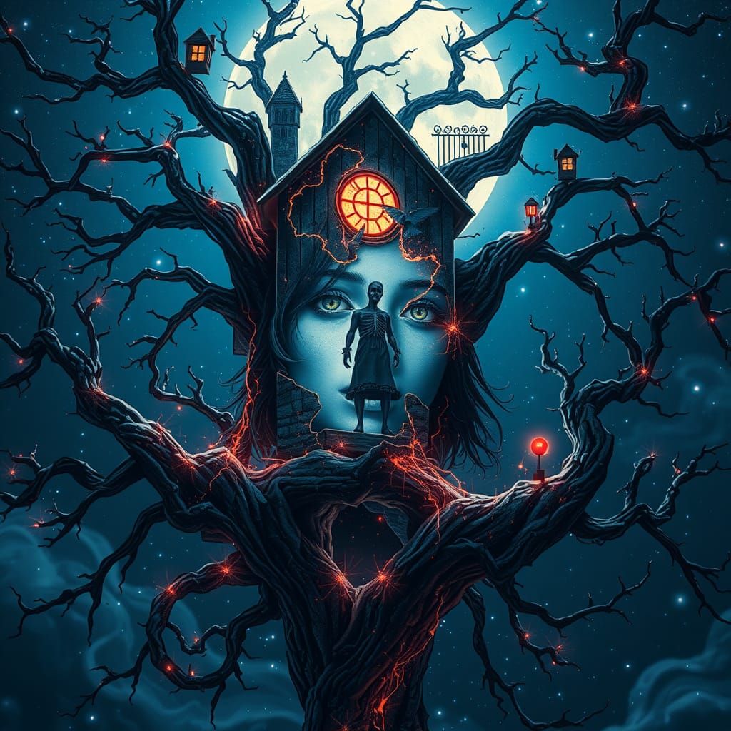 Starlight Figure in Moonlit Treehouse: Surreal Digital Art