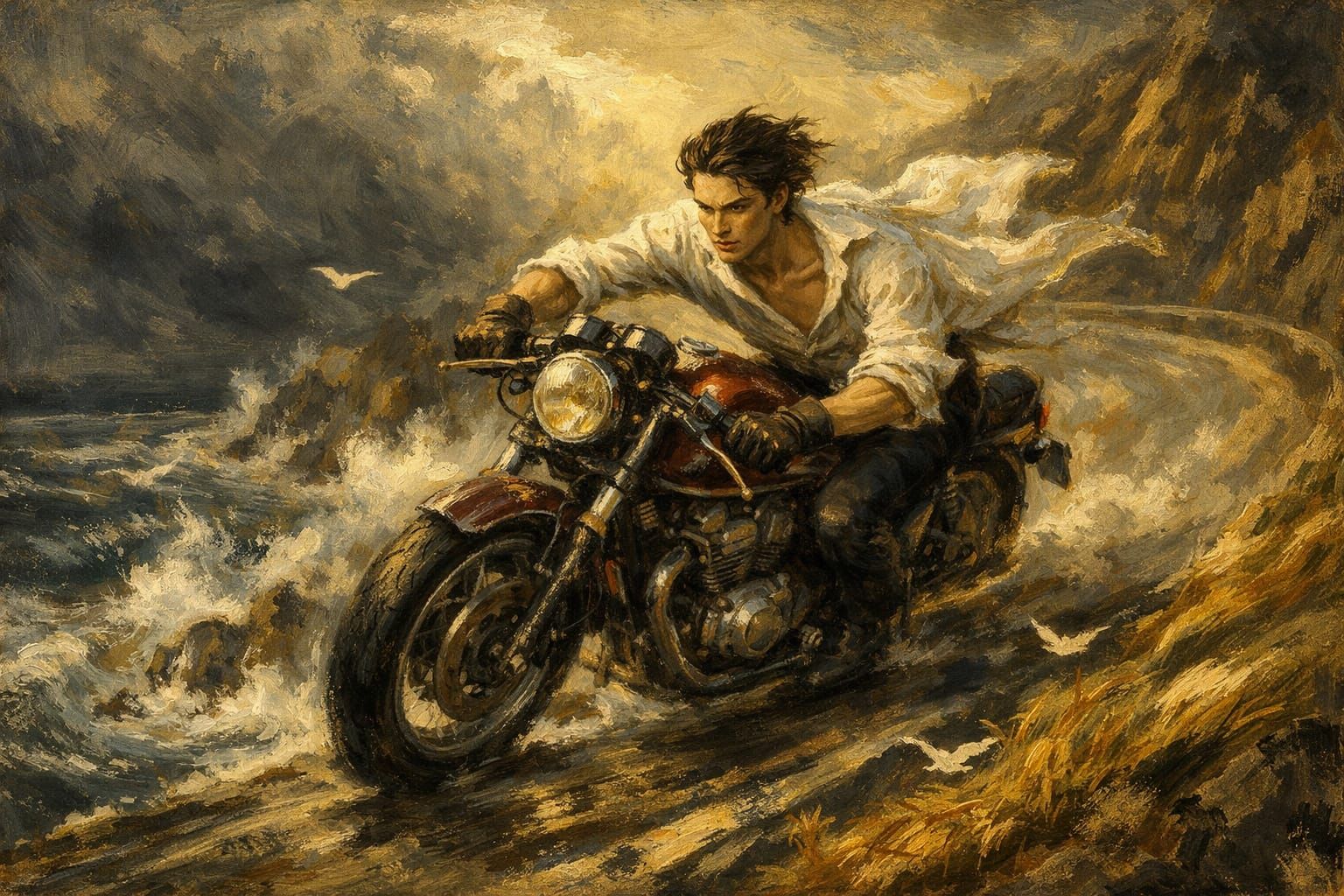 Racer on Perilous Cliff Road in Golden Light