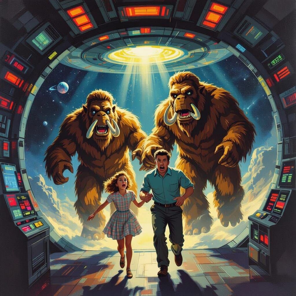 1950s Family Abducted by Woolly Aliens in Space Painting