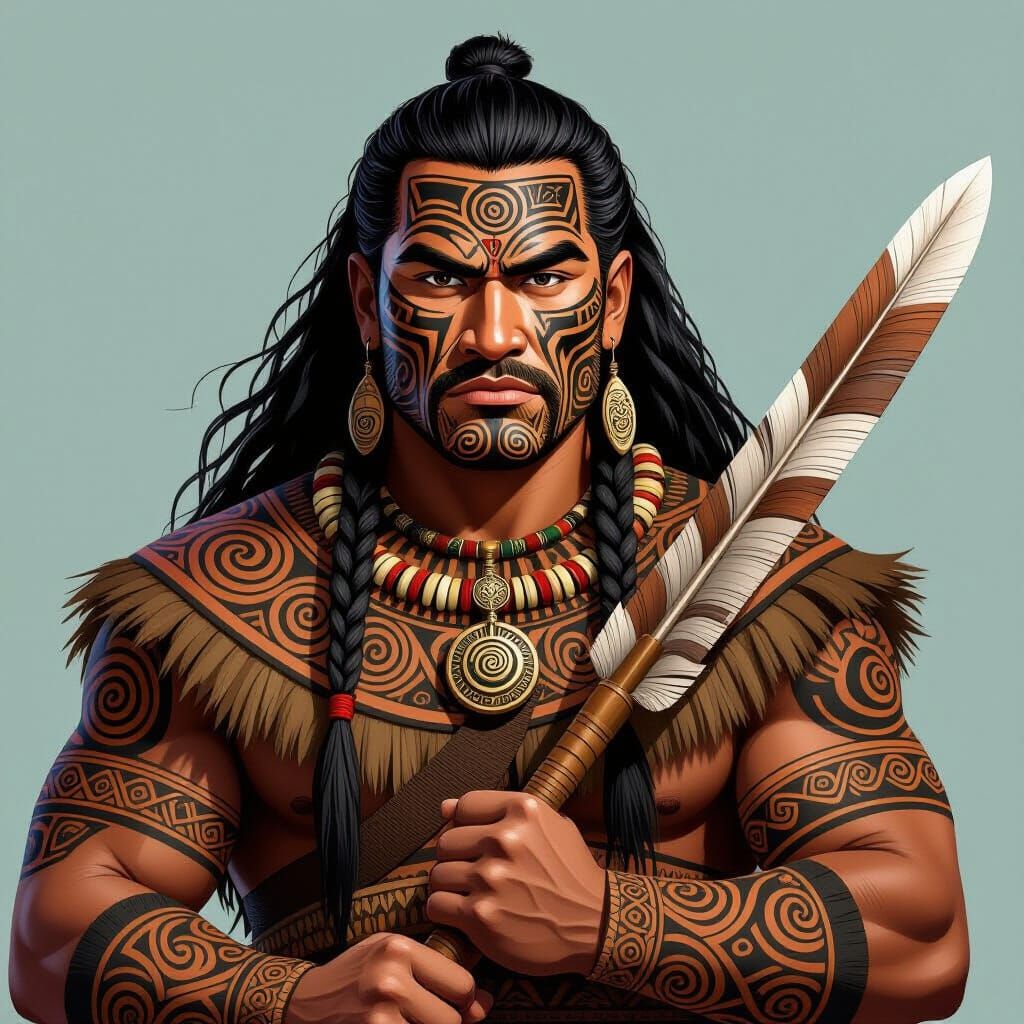 Maori Warrior with Traditional Kuru Patterns and Ta Moko