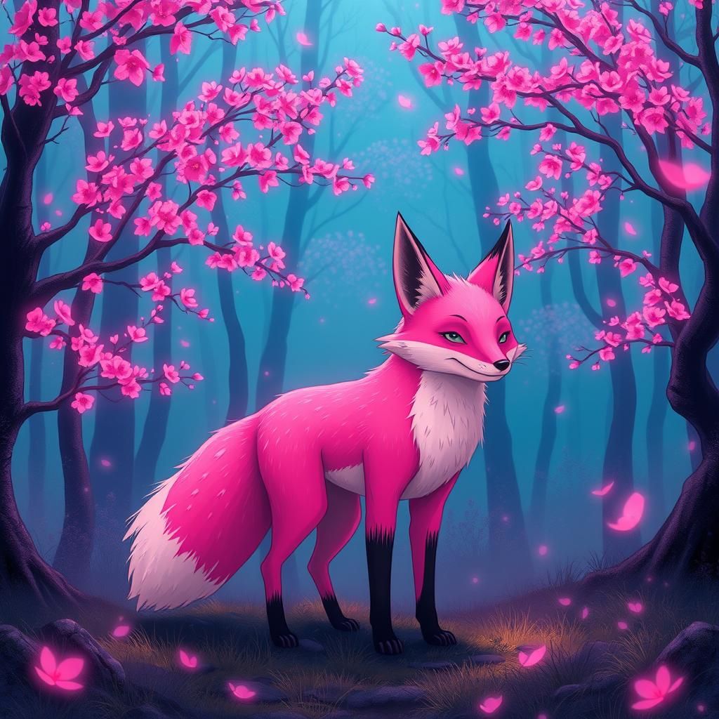 Pink Fox in Neon Forest: Digital Art
