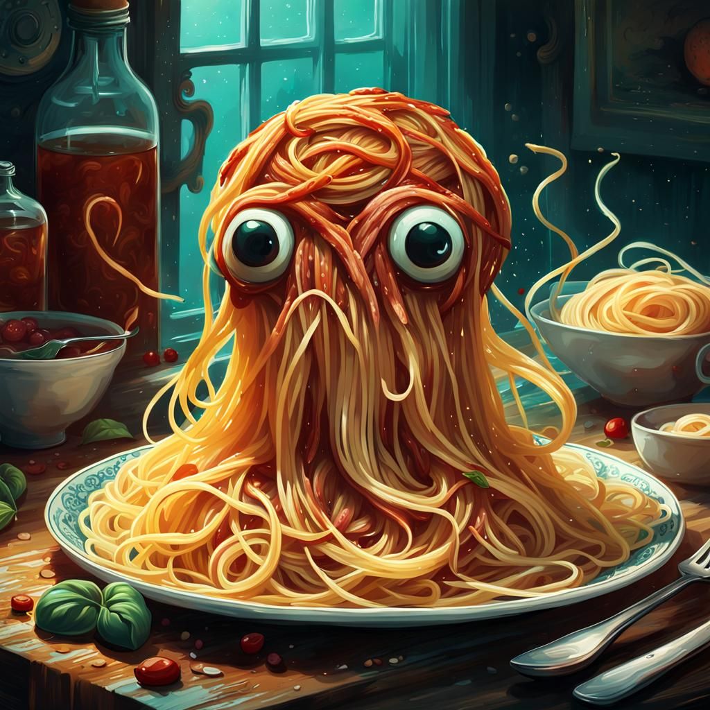 Spaghetti on a plate on the kitchen table - Yesterday challenge