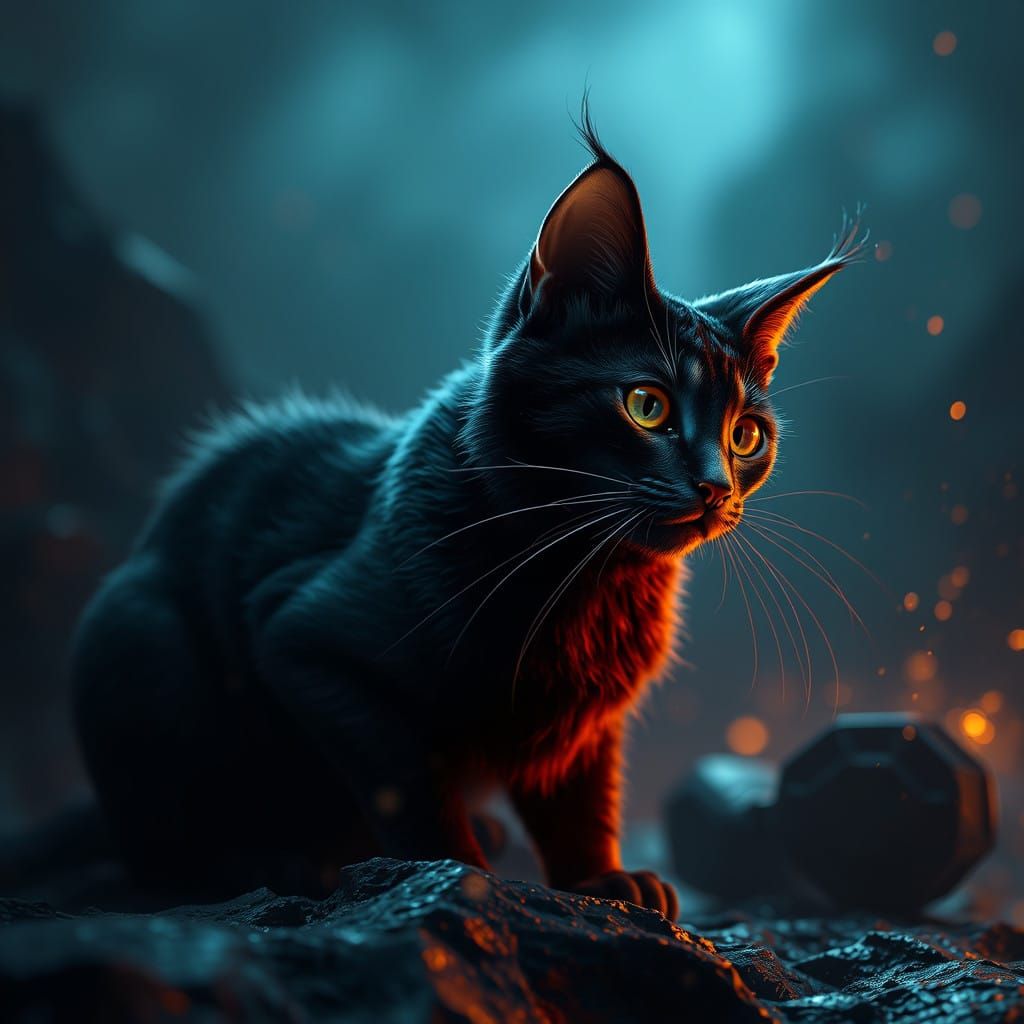 Whimsical Feline Silhouette Unveiled in Deep, Dreamlike Dark...