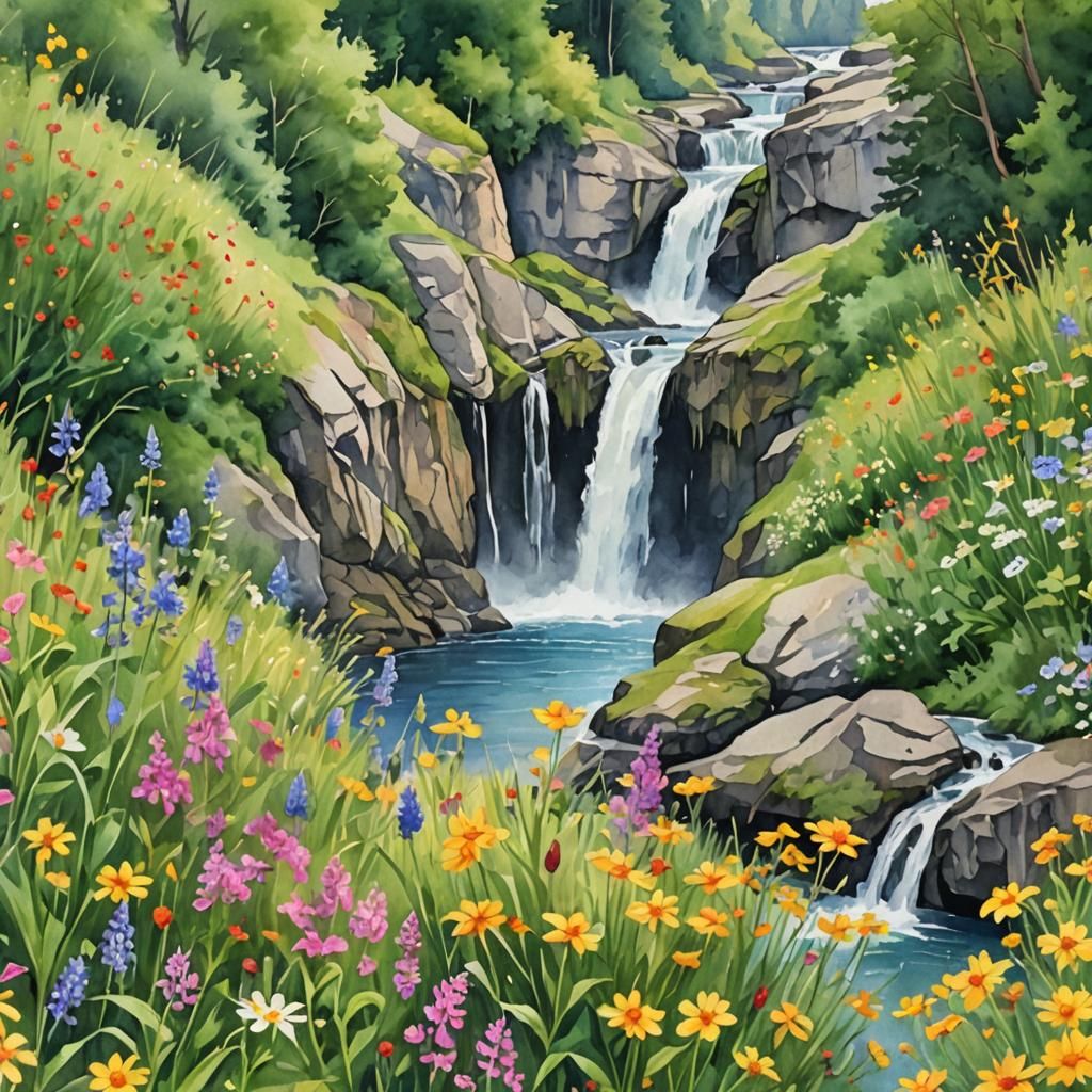 Watercolor Waterfall Surrounded by Wildflowers