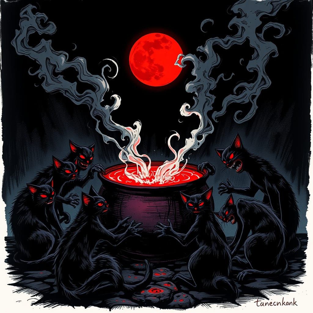 Sinister Black Cats Under Blood Moon