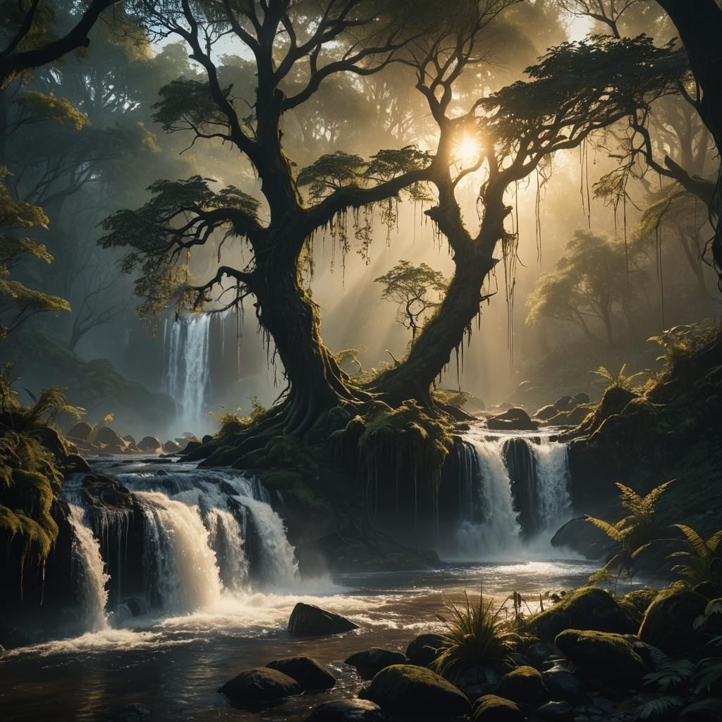 Ethereal Waterfall in Dark Fantasy Forest Concept Art