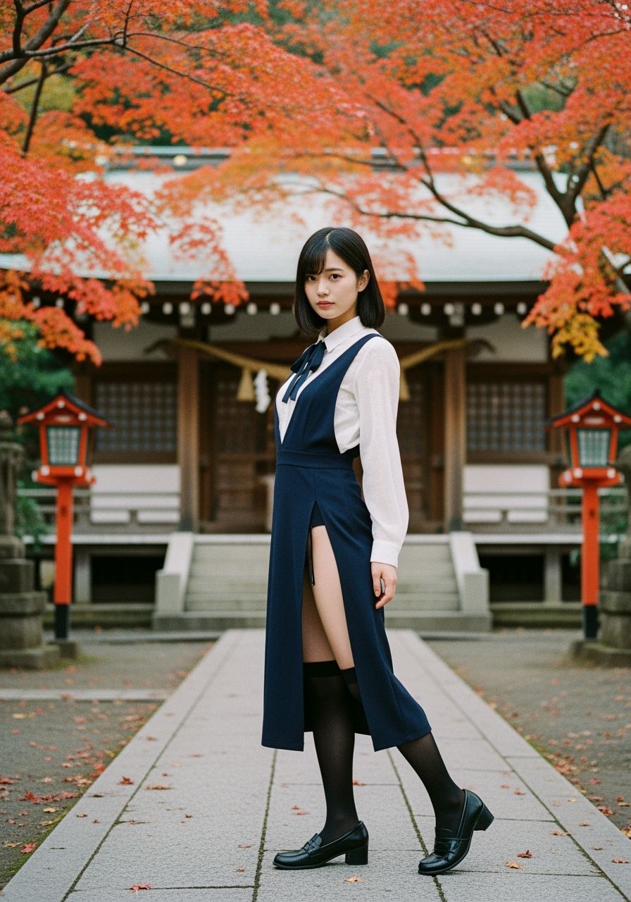 Autumn Shrine Portrait of Kaori in Jumper Dress