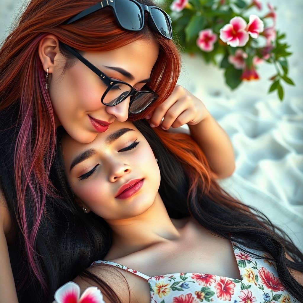 Lesbian Lovers Embrace on Beach in Photo-Realism