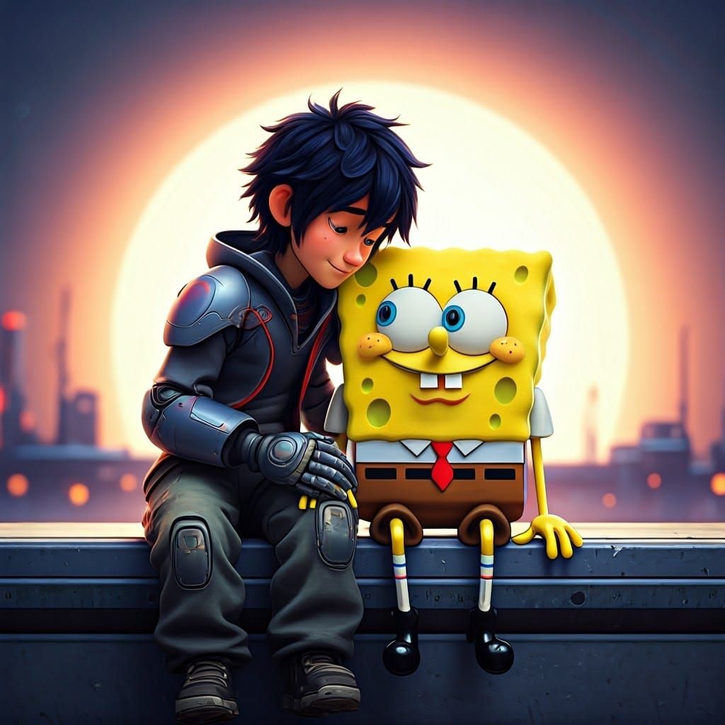 Hiro Hamada and SpongeBob in Futuristic Scene