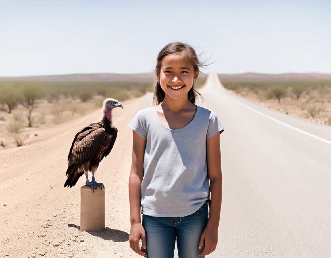 Girl and Vulture on Desert Road