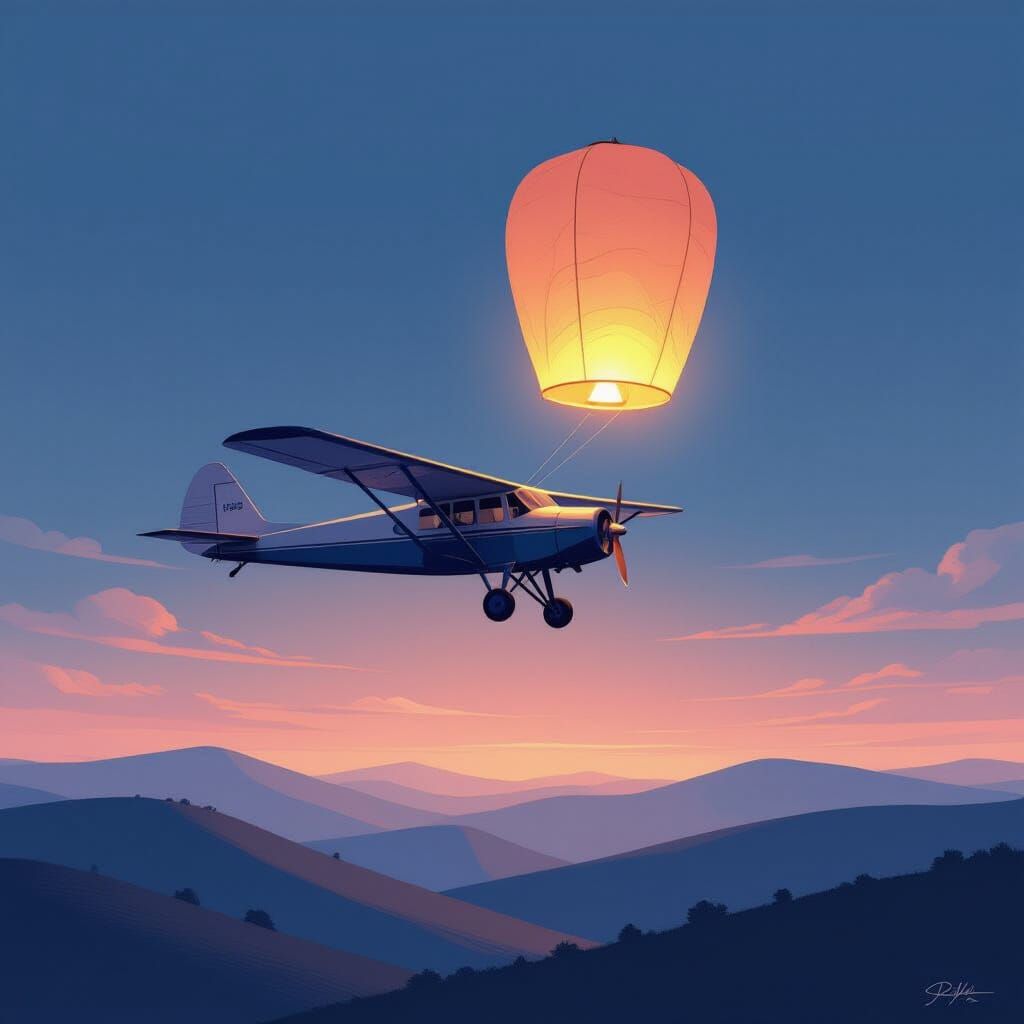 Vintage Airplane with Lantern in Twilight Sky