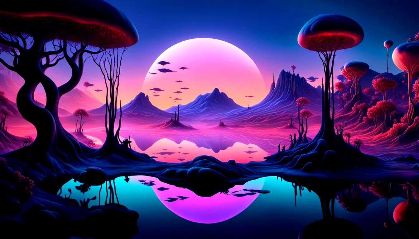 Surreal 3D Render: Bioluminescent Twilight Landscape