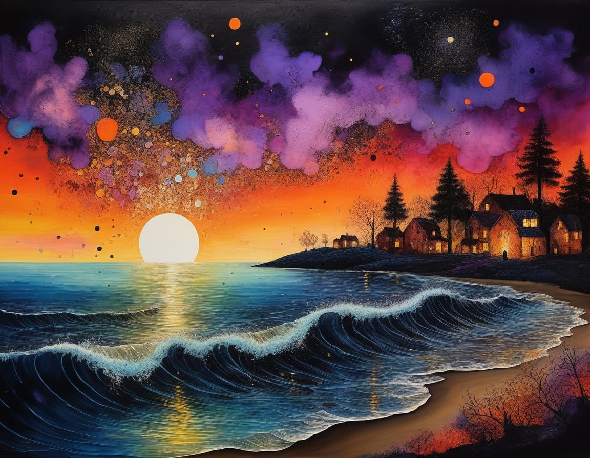 Gaul Village at Sunset, Acrylic and Alcohol Ink Art