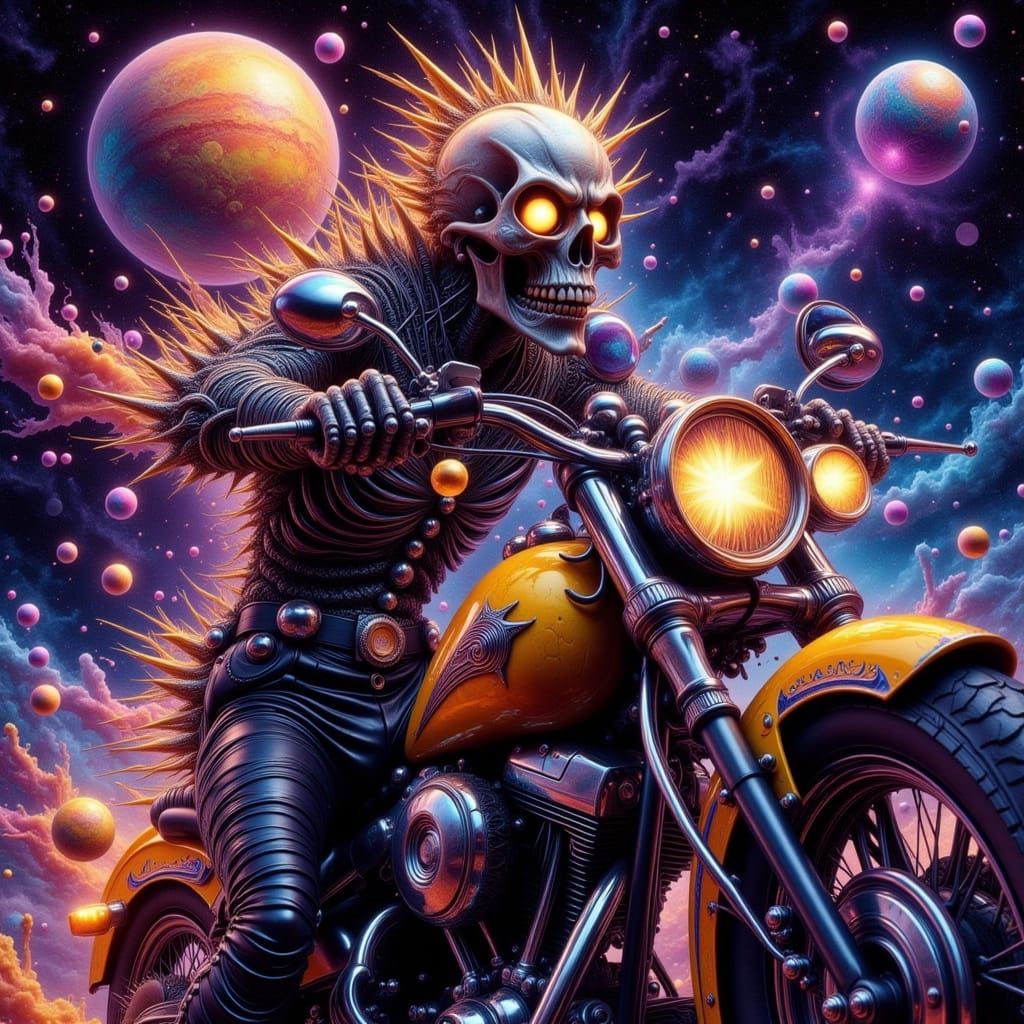 Gilded Skeleton Rides Motorcycle in Neon Cosmos