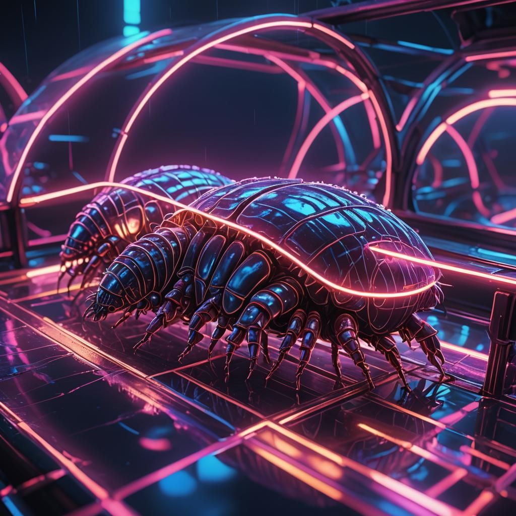 Neon Deep Sea Isopods on Bridge in Synthwave Style