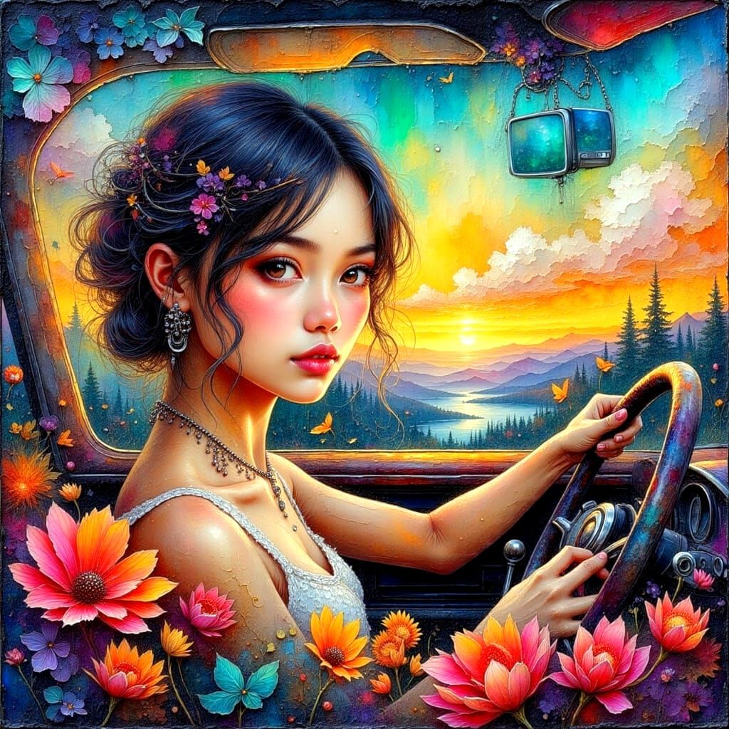 Nostalgic Cityscape with Vibrant Colors and Textures